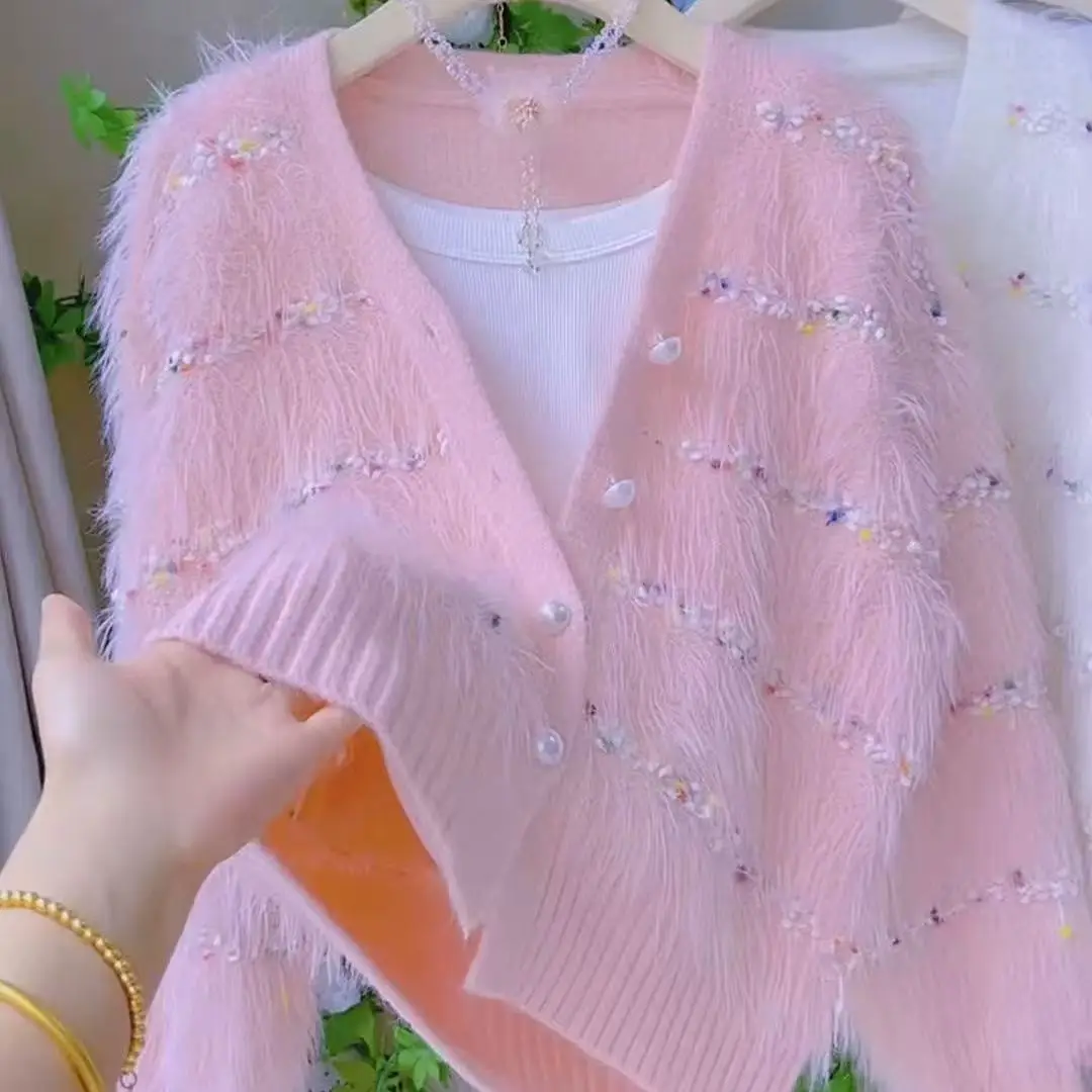 

Корейский милый полосатый свитер, женский вязаный кардиган, мягкий норковый бархатный свитер с кисточками и v-образным вырезом, повседневный свитер с длинными рукавами и пуговицами, простые топы