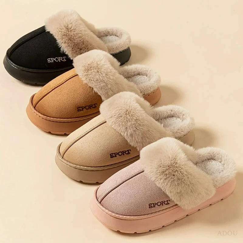 Winter Warm Sports Fluffy Slippers Women Thick Sole Non Slip Plush House Shoes Woman Fashion Faux Fur Platform Indoor Slippers image 2