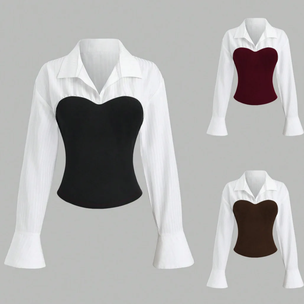 

2026 New Fashion Casual Lapel Long Sleeve Slim Fit Patchwork Shirt Women Color Block Bell Sleeve Top