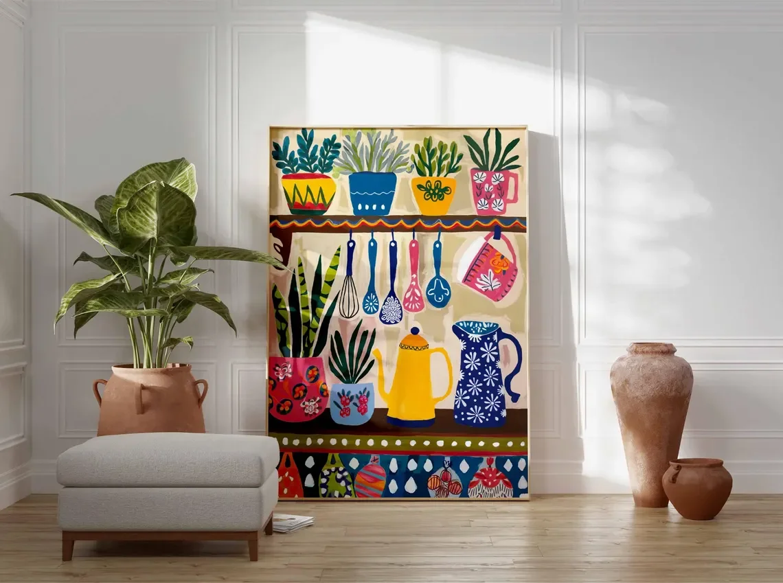 Colorful Kitchen Wall Art, Kitchen Decor, Floral Poster, Boho Scandinavian Decor, Kitchen Poster, Shelf Poster With Utensils and image 4