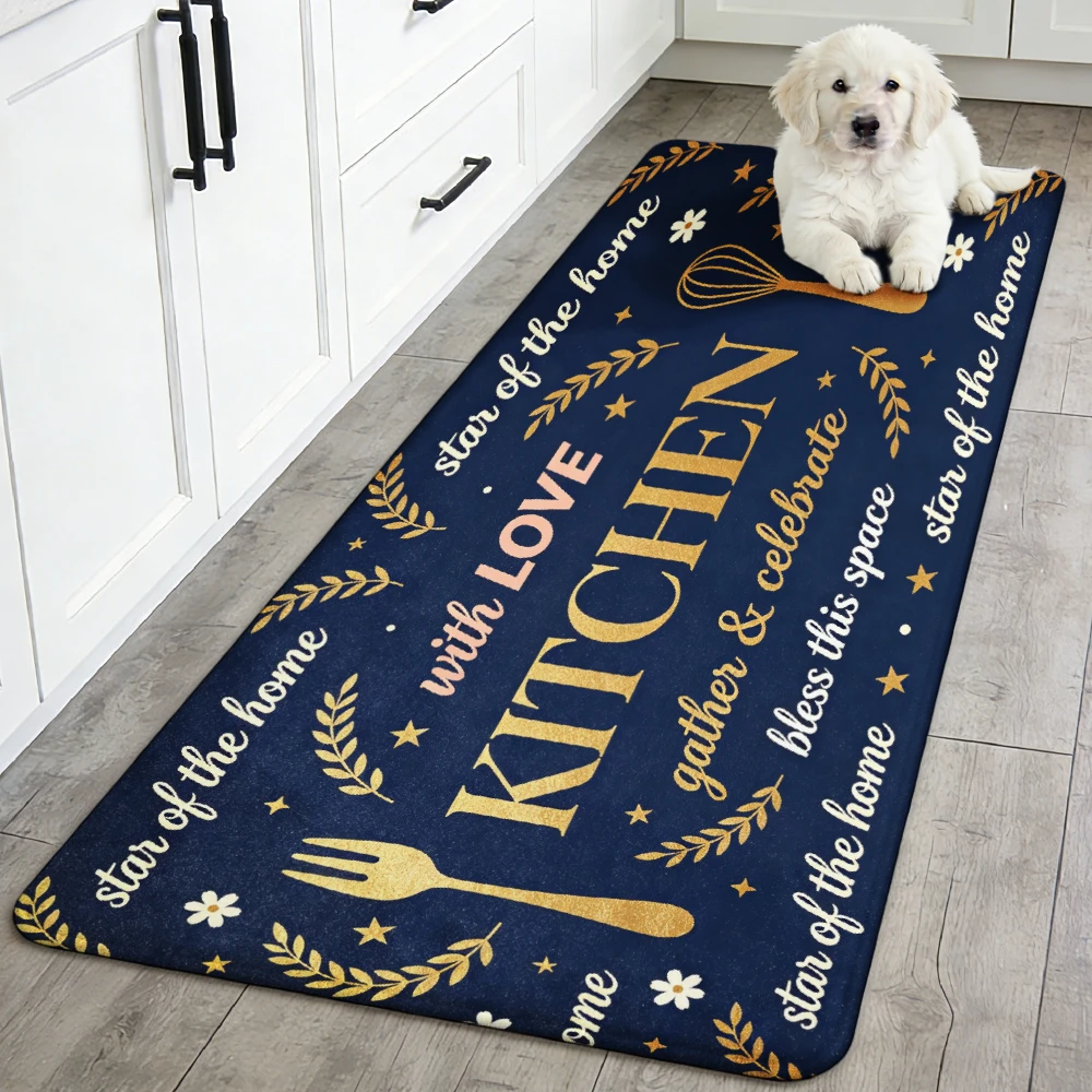 Dark Navy Gold Fork Whisk Leaf Star Kitchen Love Letter Runner Rug, non-slip carpet,farmhouse cooking mat kitchen aisle entryway