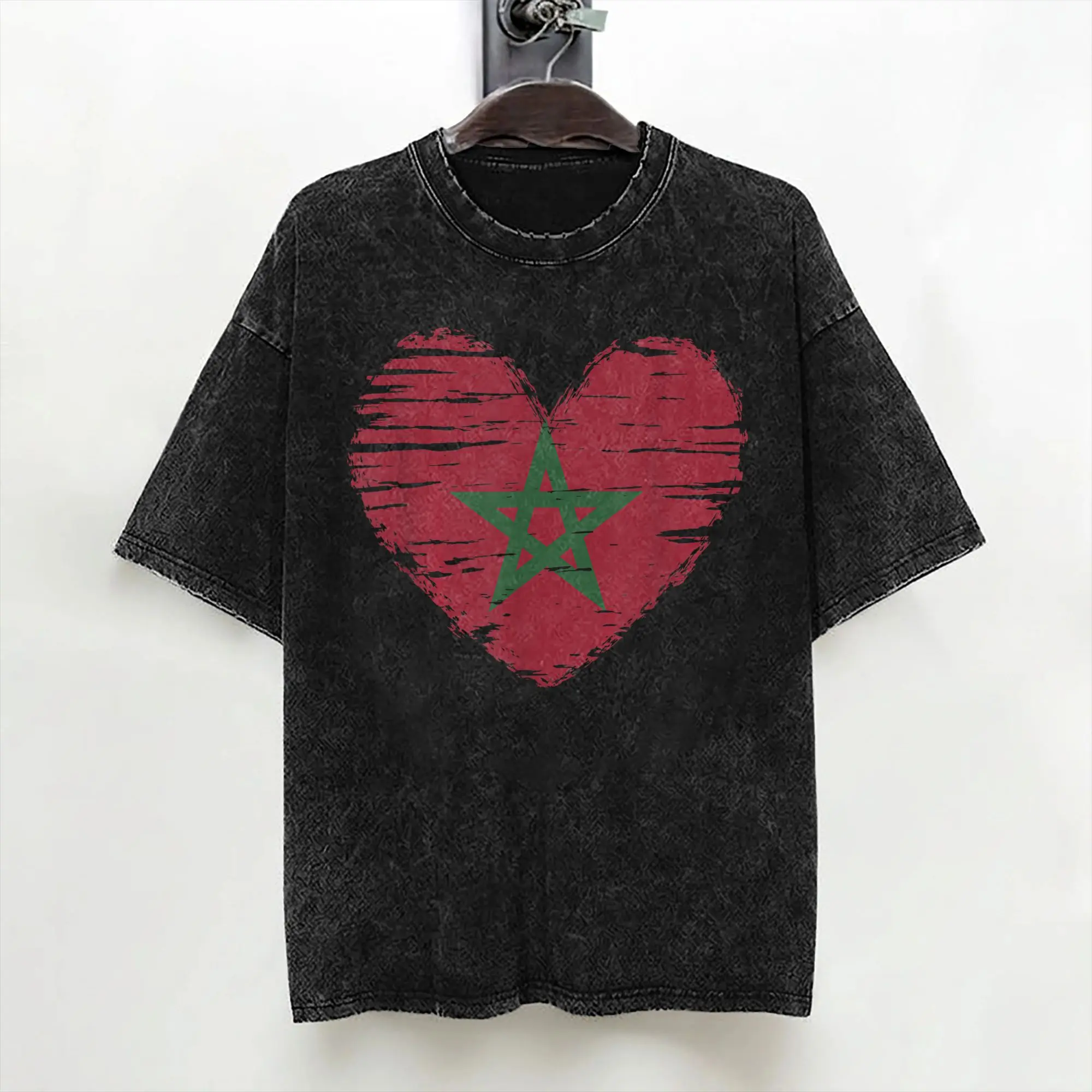 Washed T Shirt Morocco Heart Moroccan Flag Hip Hop T-Shirt Oversize  Streetwear Cotton Printed Tops Tee Shirt for Men Women