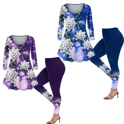 ROSEGAL 3D Printed Christmas Matching Set Snowflake Snowman Print T-shirt And Leggings Plus Size Women's Two Piece Outfits