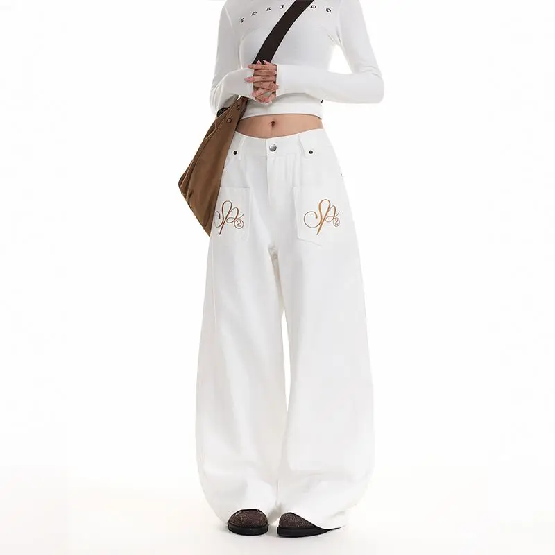 

Women's Autumn Retro American Embroidered Waed Knife Jeans Loose Casual Design Wide Leg Cargo Denim Pants Versatile Sretch Jeans