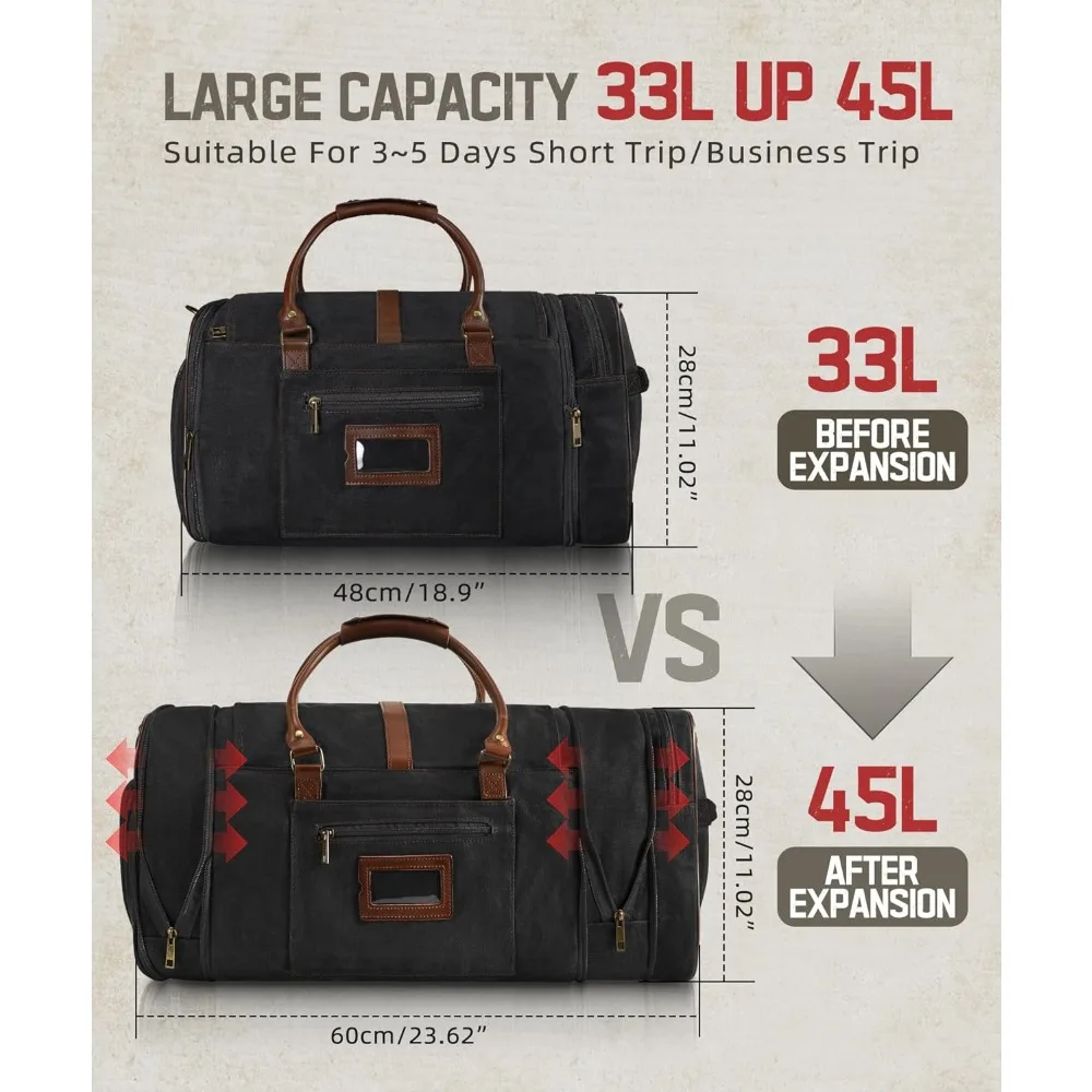 حقيبة واق من المطر قابلة للتوسيع من القماش المشمع العتيق للرجال سعة 45 لترًا، حقيبة سفر مقاومة للماء لعطلة نهاية الأسبوع مع حجرة للأحذية