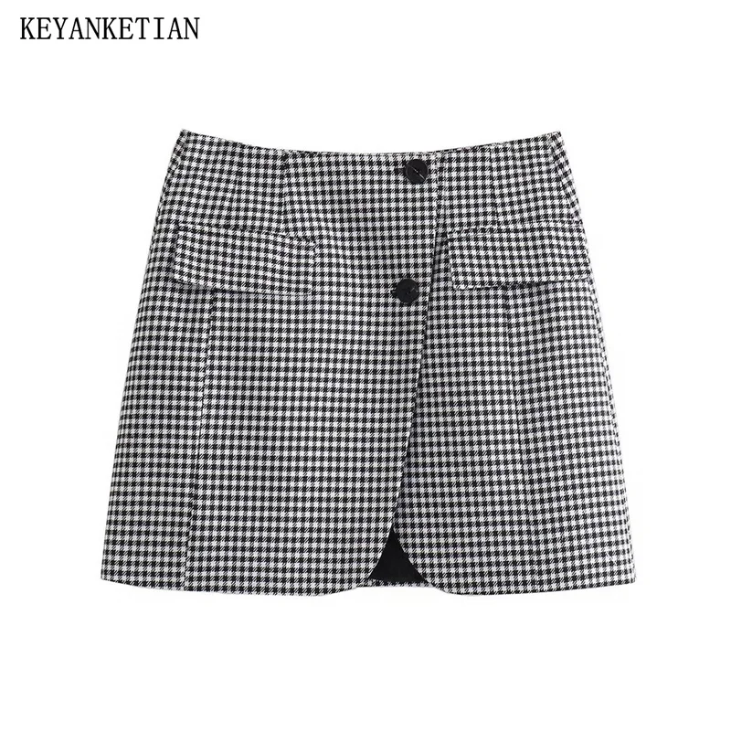 Keyanketian กระโปรง Houndstooth ของผู้หญิงใหม่ฤดูใบไม้ร่วงสไตล์วินเทจกระดุมแถวเดียวไม่สมมาตร ROK MINI ทรงเอเอวสูง