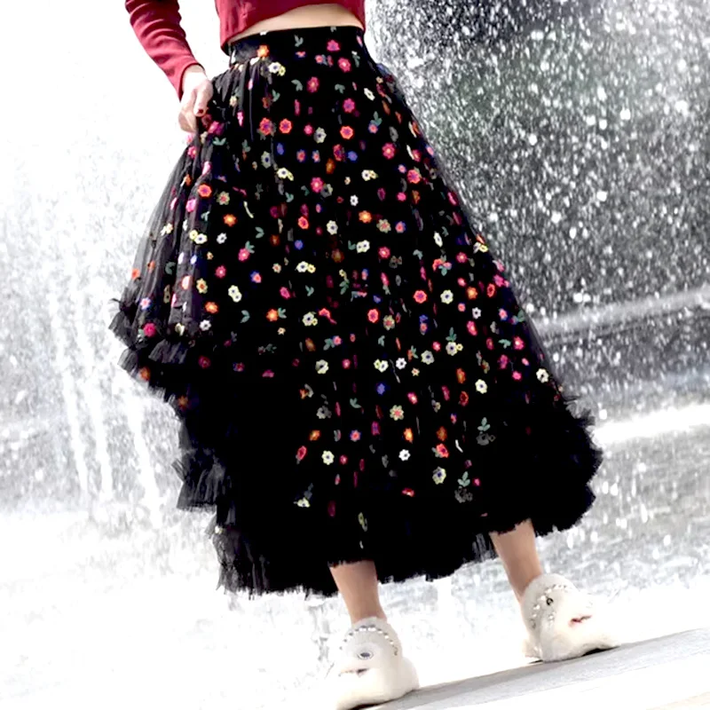 2024 Female Plus Size fluffy black floral Pattern Mesh Skirt Spliced Maxi Skirt For Womens Pleated Tutu mesh Long skirts