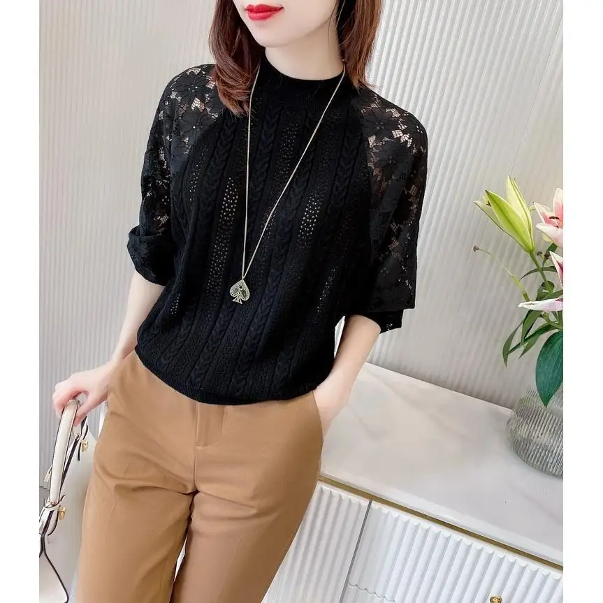 Round Neck Hollow Out Lace Sexy Temperament Bottoming Casual Fashion Popularity Solid Autumn Winter Thin Women\'s Clothing Sweet