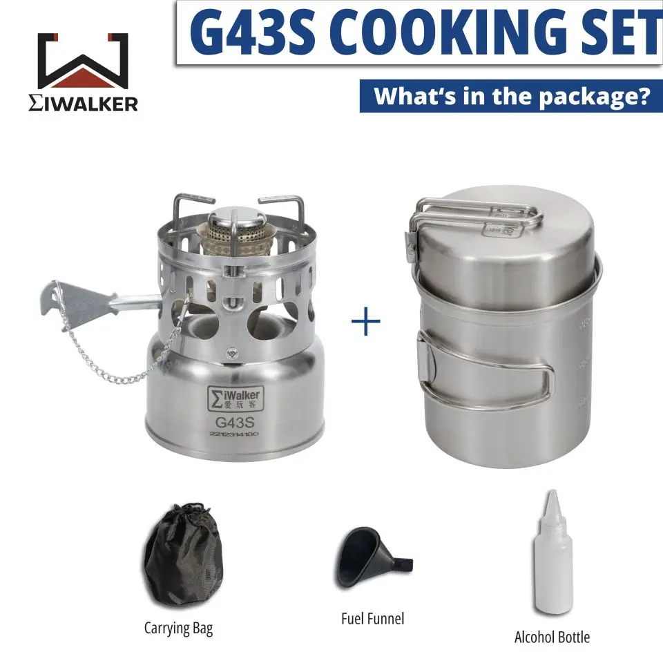 IWALKER G43S Cooking Set Camping Stove Outdoor Gasoline Stove Burner Silent Burner with Storage Pots for Travel Picnic Emergency