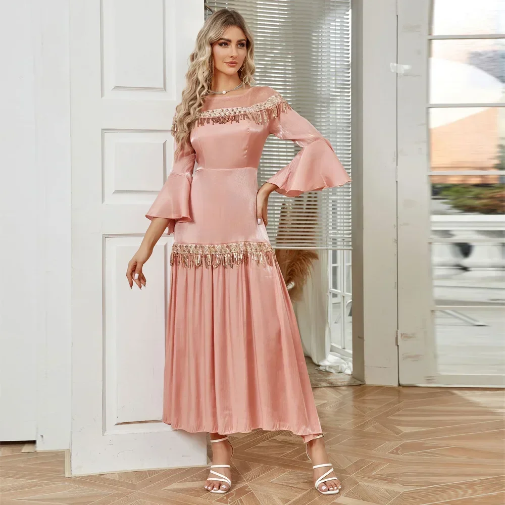 

Muslim Tassel Sequin Dress Women Abaya Islamic Clothing Vestidos Female Autumn Caftan Robe Casual Long Sleeve High-waisted Dress