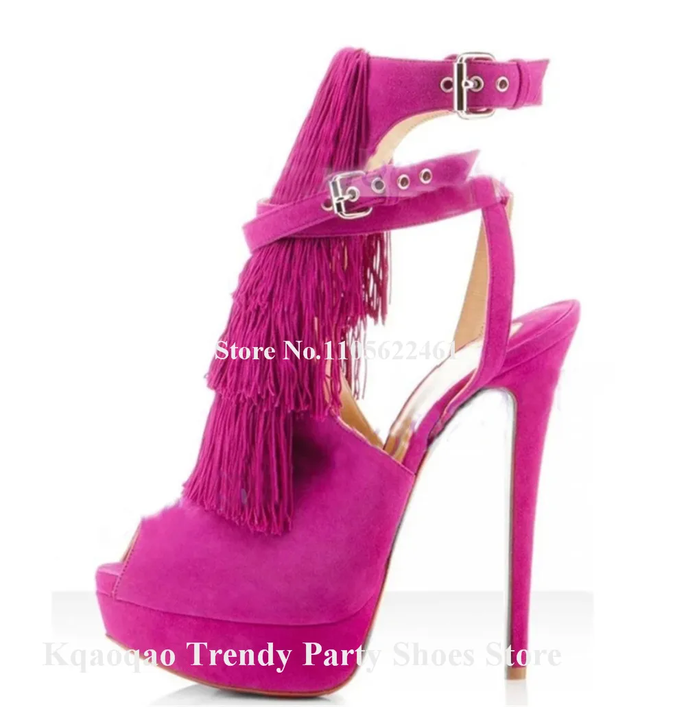 Kqaoqao Charming Yellow Blue Red Suede Tassels Stiletto Heel Pumps Peep Toe Ankle Straps Fringes Platform Party Heels 6