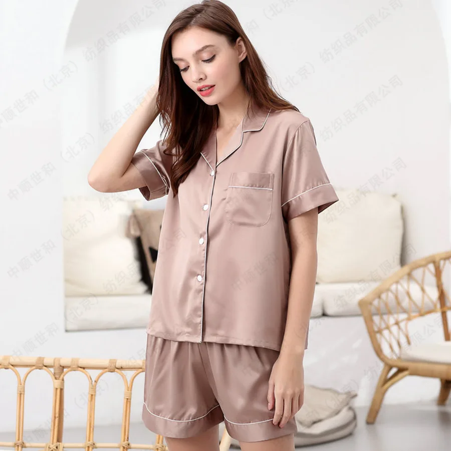 products European and American silk women\'s pajamas short-sleeved shorts imitation silk cardigan lapel pajamas set wholesale