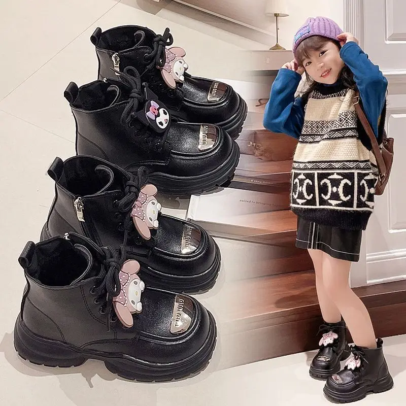 2024 Kuromi My Melody Girls Martin Boots Sanrio Kawaii Anime Cotton Boots Cute Cartoon Baby stivali singoli regalo in pelle per bambini