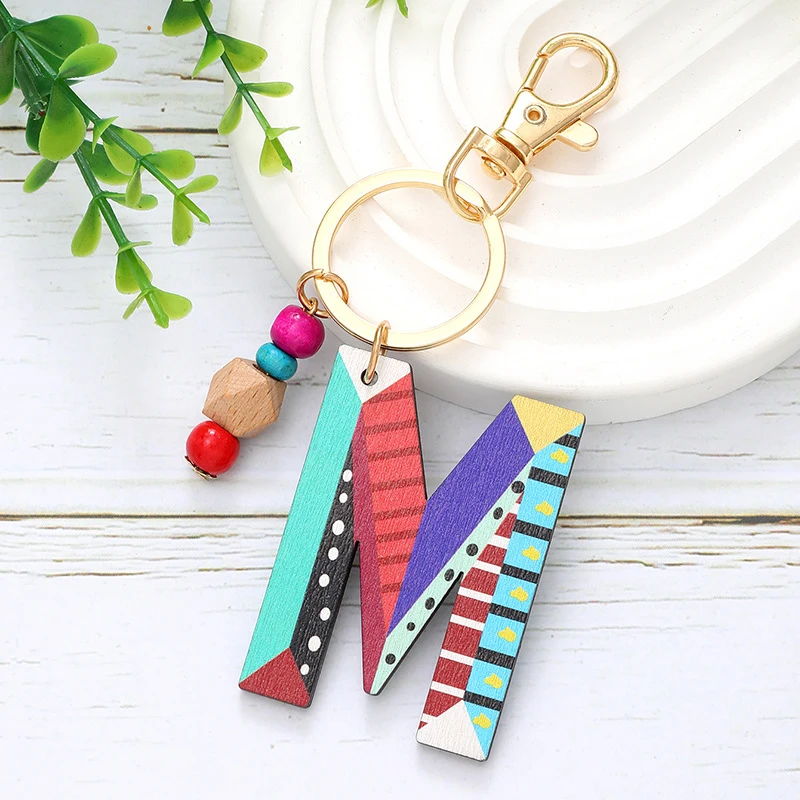 A-Z 26 Letters Wooden Trinket Key Chains Bohemian Geometric Totem Bead Pendant Keychain Jewelry Gifts to Family Couple Friends