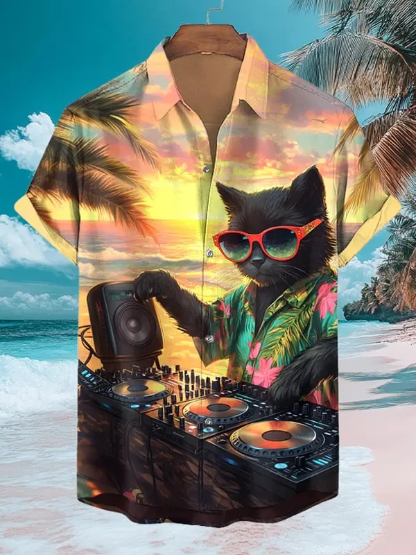 

Men's Cool Cat Drinks Beer 3d Print Shirts 3D Vacation Style Hawaiian Shirts Summer Women Short Sleeve Blouse Casual Beach Top