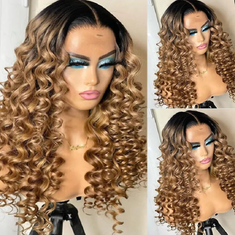 

Soft 180Density 26inch Long Glueless Ombre Blonde Deep Wave Curly Lace Front Wig For African Women Babyhair Heat Resistant Daily