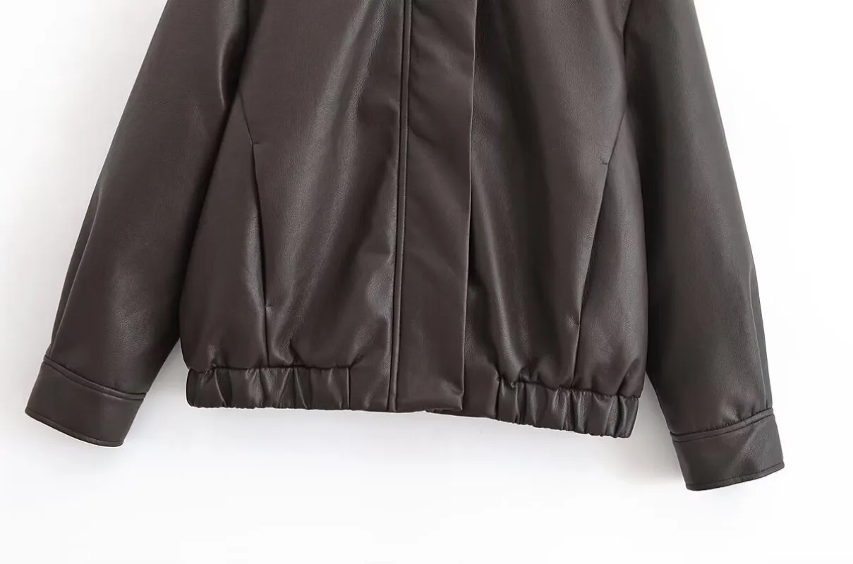 Tidalyf 2025 سترة نسائية جلدية منفوخة بياقة على شكل طية صدر وأكمام طويلة وسحاب أمامي وجيب مخفي بحاشية مرنة ملابس خارجية أنيقة غير رسمية #5