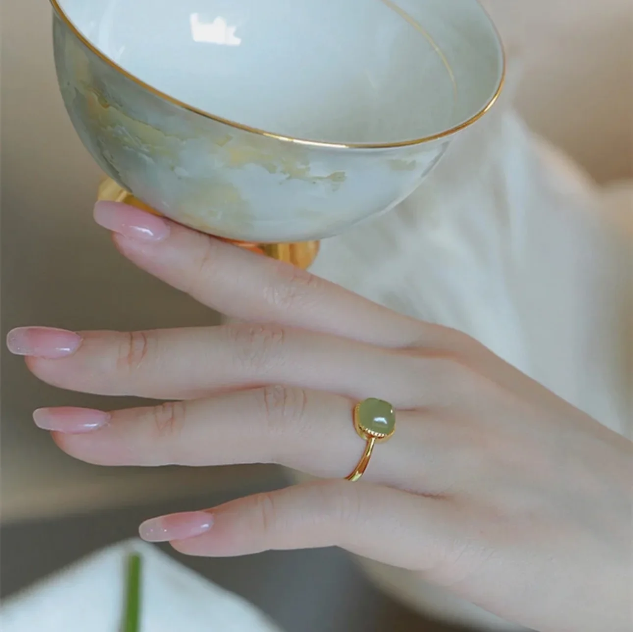 Кольцо Женское Vintage Artificial Jade Square Ring Chinese Style Crystal Geometric Finger Ring For Women Fashion Jewelry 반지 image 3