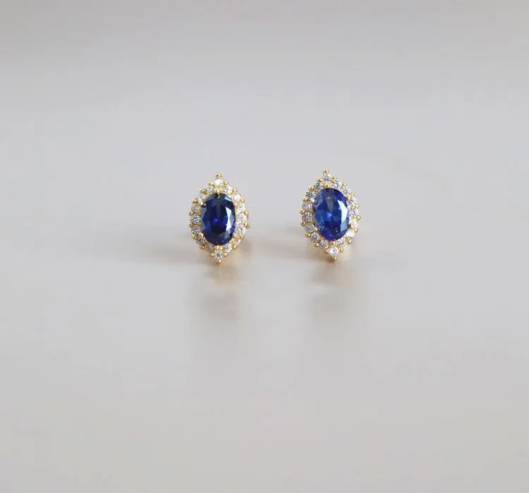 Real 925 Sterling Silver 14K Gold Blue Ellipse Crystal Zircon Stud Earrings For Women Elegant Jewelry 2024 Trend Jewellery