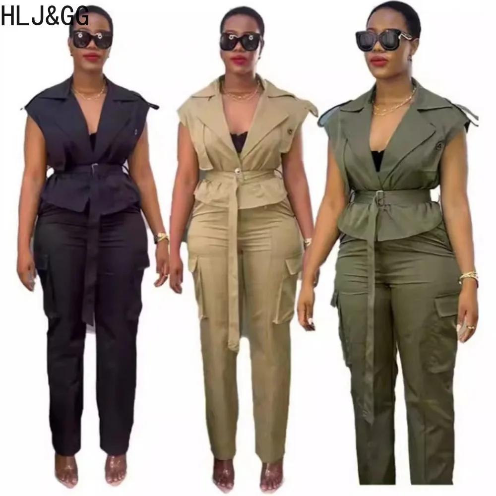 HLJ&GG Elegant Lady Solid Pocket Cargo Pants Two Piece Sets Women Turndown Collar Deep V Sleeveless Top+Pants Outfits with Belt