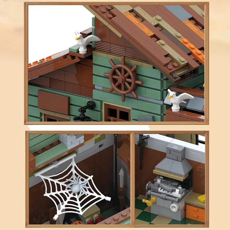 مجموعة مكعبات بناء العمارة على شاطئ البحر سلسلة المدينة كوخ الصياد منزل ريفي وقارب صيد نموذج لعبة الطوب هدية للأطفال #5