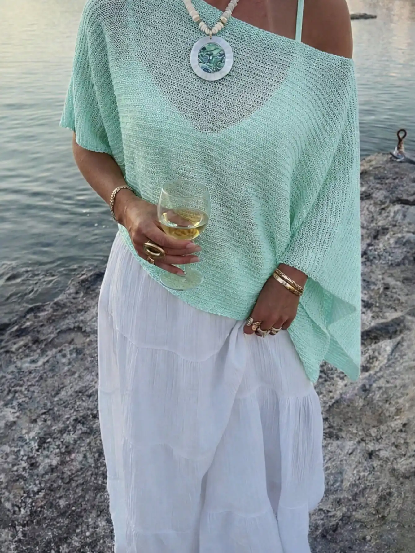 

Мятно-зеленый вязаный асимметричный топ на одно плечо, пляжная накидка, летний повседневный вариант