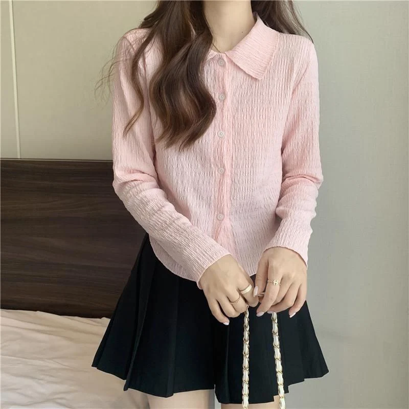 Rimocy Pink Turn Down Collar Buttons Shirt Women Korean Solid Color Casual Blouse Woman All Match Chiffon Long Sleeve Shirts