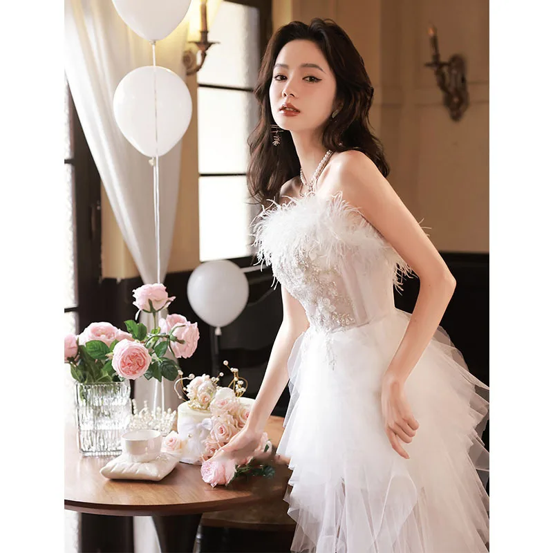 Elegant White Tube Top Tulle Prom Dresses Women Party Sequins Applique Beading Evening Gowns