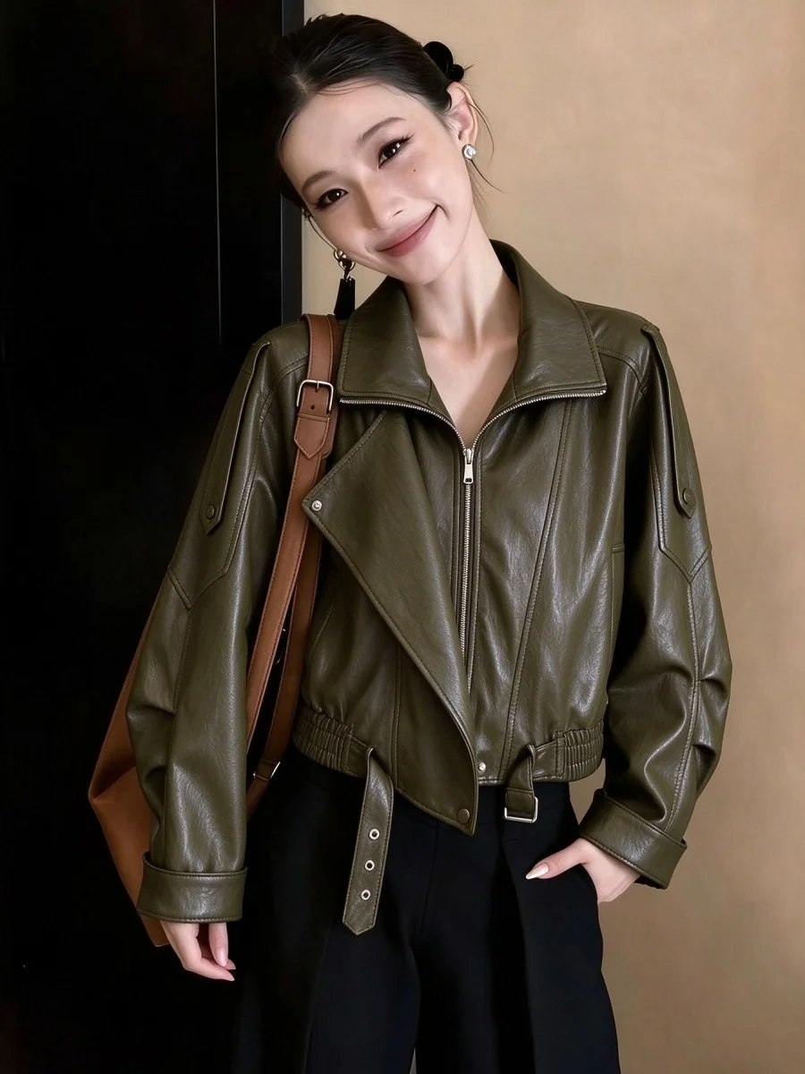 Cool Short PU Leather Jacket Women's Zipper Motorcycle Clothes Street Style Warmth Straight Tube Type Long Sleeve Pure Color