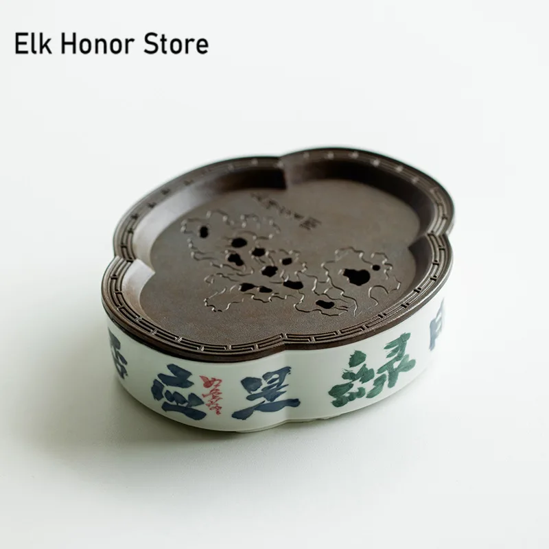 300ml Handwritten Calligraphy Ceramic Pot Bearing Holder Kung Fu Tea Dry Soaking Table Storage Water Base Teaware Accessories