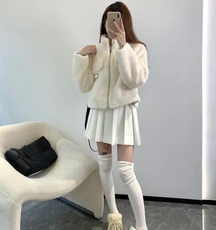 Girl style gentle and sweet imitation mink plush warm standing collar short jacket cardigan coat