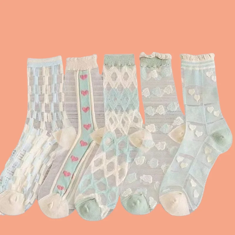 5/10 Pairs Thin Cute Sweet Versatile Breathable Pile Socks Water Blue Light Socks Transparent Glass Silk Mid-tube Socks