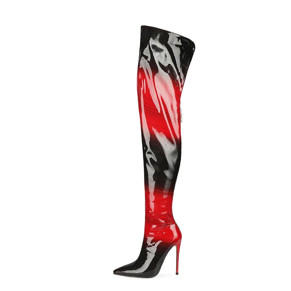 

Arden Furtado Winter Patent Leather Mixed Colors Pointed Back zipper ultra-high heel knee boots Extra large size Modern boots