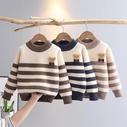 2024 Boys Thickened Knit Sweater Children Striped Sweater Kids Warm Bear Bottoming Shirt Autumn Winter New Casual Clothes 4-10Y