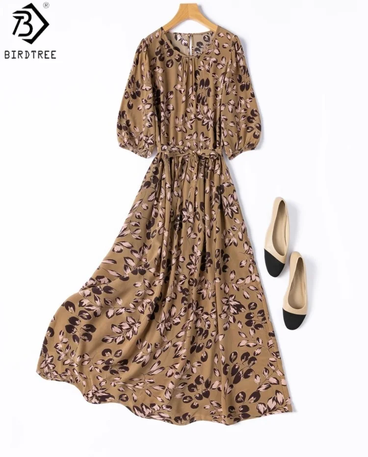 

BirdTree 100% шелковое платье с растительным принтом, женское свободное платье с двойным крепом и пышными рукавами чайного цвета с круглым вырезом, новинка 2025 D57829JF