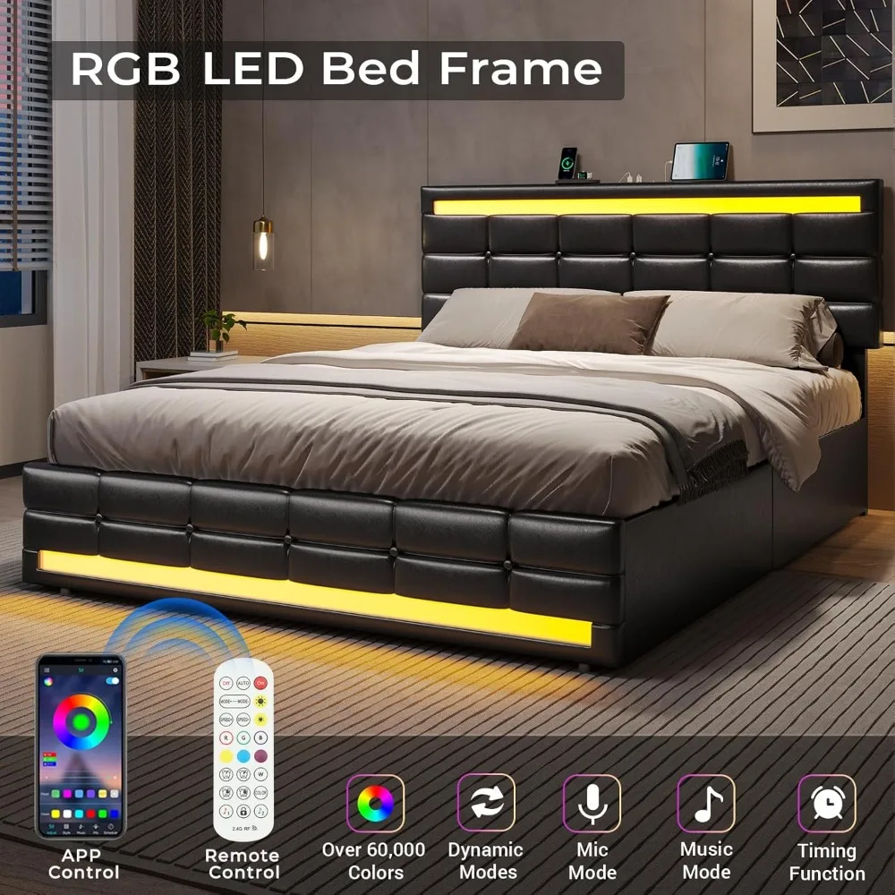 Large Bed Frame with LED Lights, Leather Platform Bed, Equipped with Storage Drawers and Charging Station