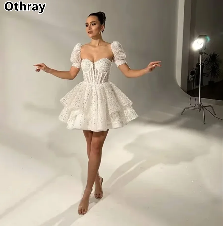 

Othray Luxury Short Wedding Dress Sweetheart A-Line Mini Prom Gowns Sequins Beaded Exposed Boning Bride Formal Party Dress 2024