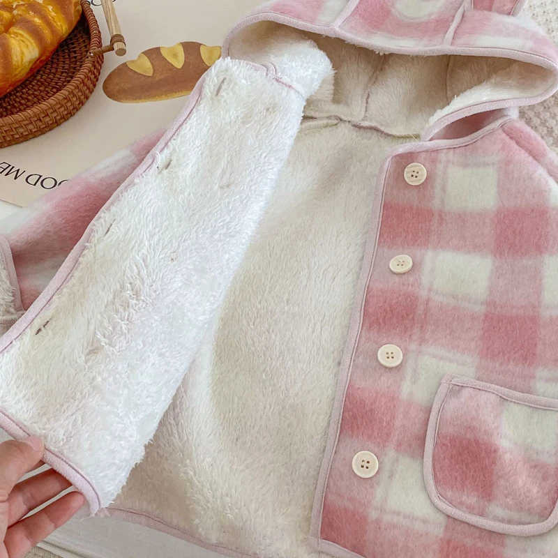 2024 Autunno Inverno Neonate Giacca Fodera Peluche Spessa Tenere Al Caldo Reticolo Cappotto di Lana Per 1-6 Anni Cappotto Con Cappuccio di Moda