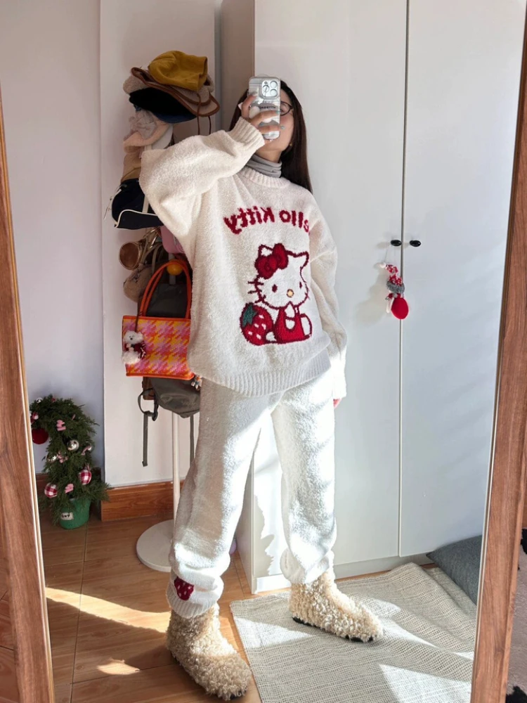 2024 New Hello Kitty Anime Cartoon Girl Pajamas Set  Women\'s  Winter Thickened Fleece Warm Clothes Pants Set For Women Girls