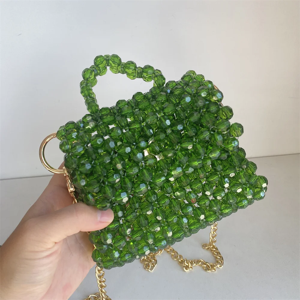 Handmade Mini Bead Bag Long Chain Hand-Woven Celebrity Handbags Ladies Party Bag Top-handle Beading Purses and Handbags