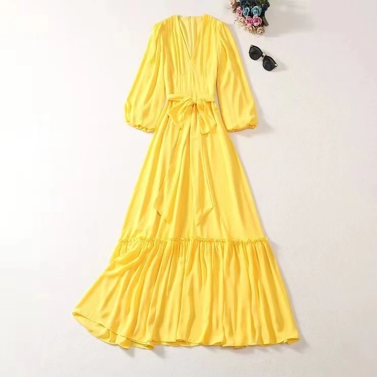 

European and American women's clothing 2023 autumn new Yellow belt with seven-point sleeves and V-neck Fashion pleated dress XXL