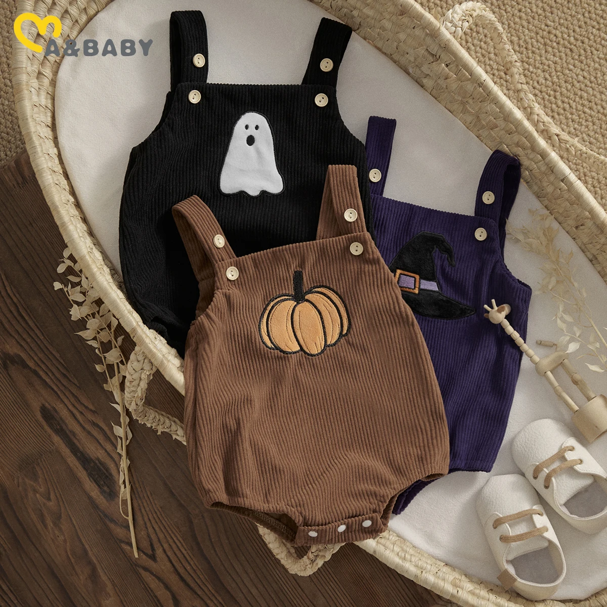 ma&baby 0-18M 1st Halloween Baby Costumes Newborn Infant Boy Girl Pumpkin Ghost Print Jumpsuit Corduroy Overalls