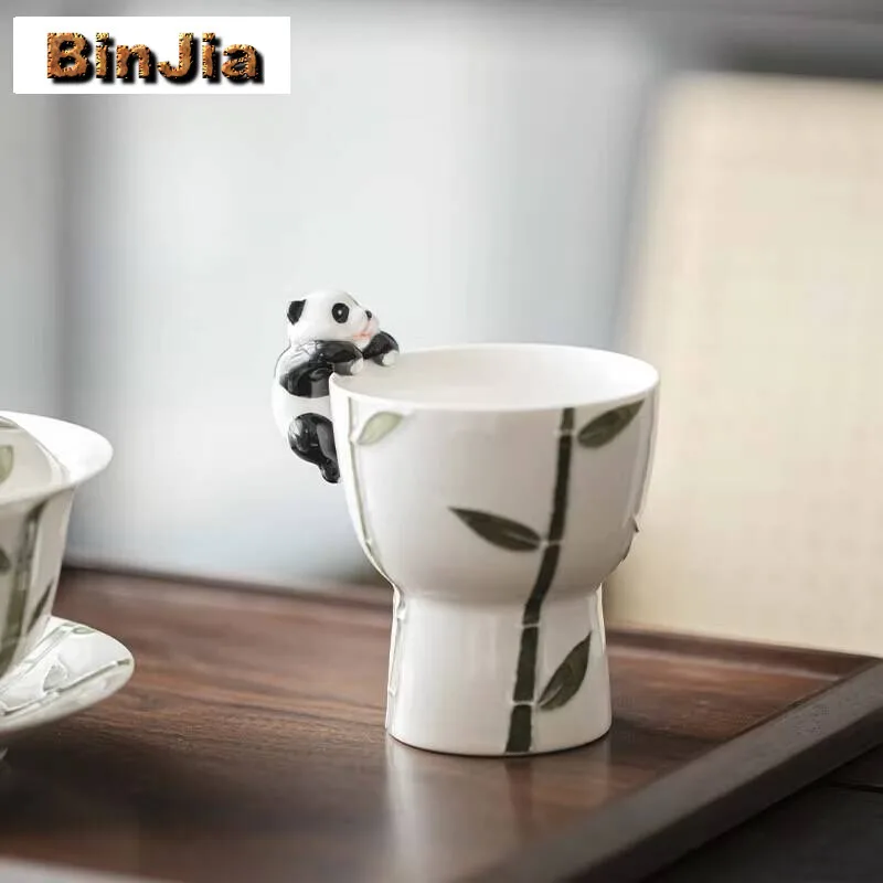 

80Ml Hand-Painted Bamboo Ceramic Teacup Pile Carved Master Cup Creative Panda High Foot Mug Chazhan Fruit Dish Kung Fu Teaware