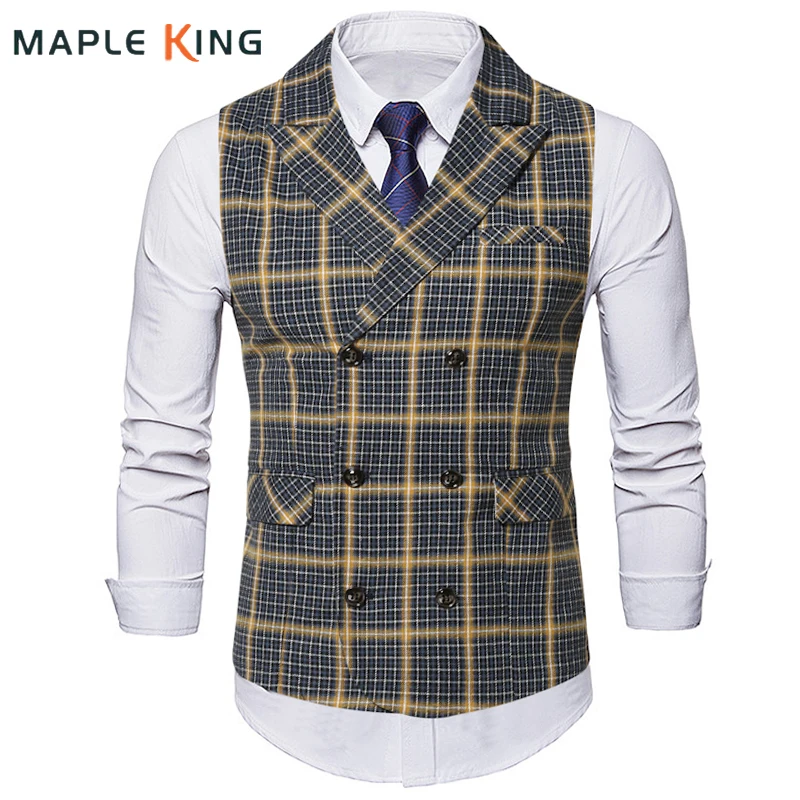 

Men Suit Vest Waistcoat Vintage Gilet Steampunk Coat Classic Men's Double Breasted Plaid Business Wedding Uniform Vest Jacket