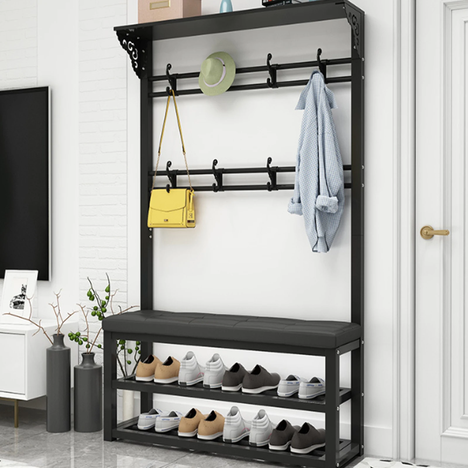 Hall Tree with Shoe Storage 4-in-1 Metal Coat Hanger Entryway Bench with Storage Shelf w/ 8 Removable Hooks