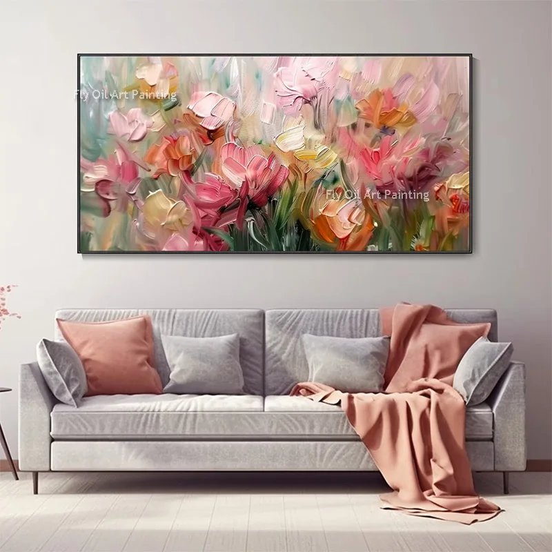 Handmade Green Forest Colorful Flowers Landscape Thick Oil Painting On Canvas Abstract Blooming Pink Beige Florals Wall Art