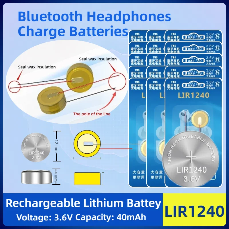 

LIR1240 3.6V Lithium Ion Rechargeable Battery with Wire for Bluetooth Headset and Mouse | Replacement for Electronics