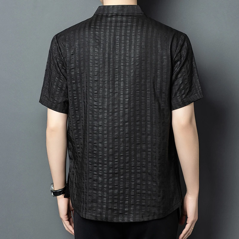 Silk 100% Lightweight Pullover Shirts For Men Short Sleeve Pocket Summer Thin Quality Soft Comfortable Striped Camisas De Hombre