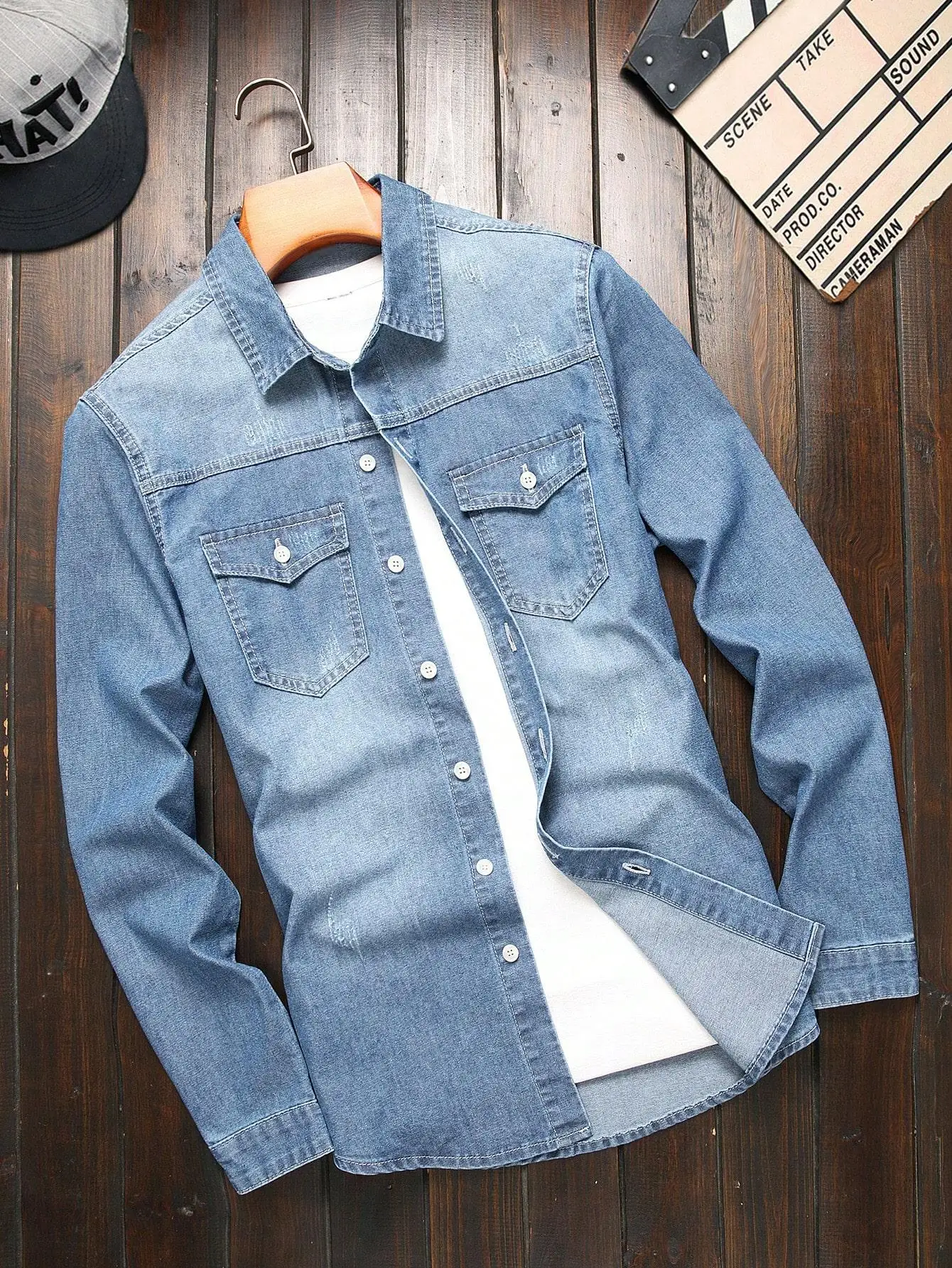 

Men's denim shirts for spring and autumn. Blue denim shirts. Trendy and fashionable. Daily casual street style.