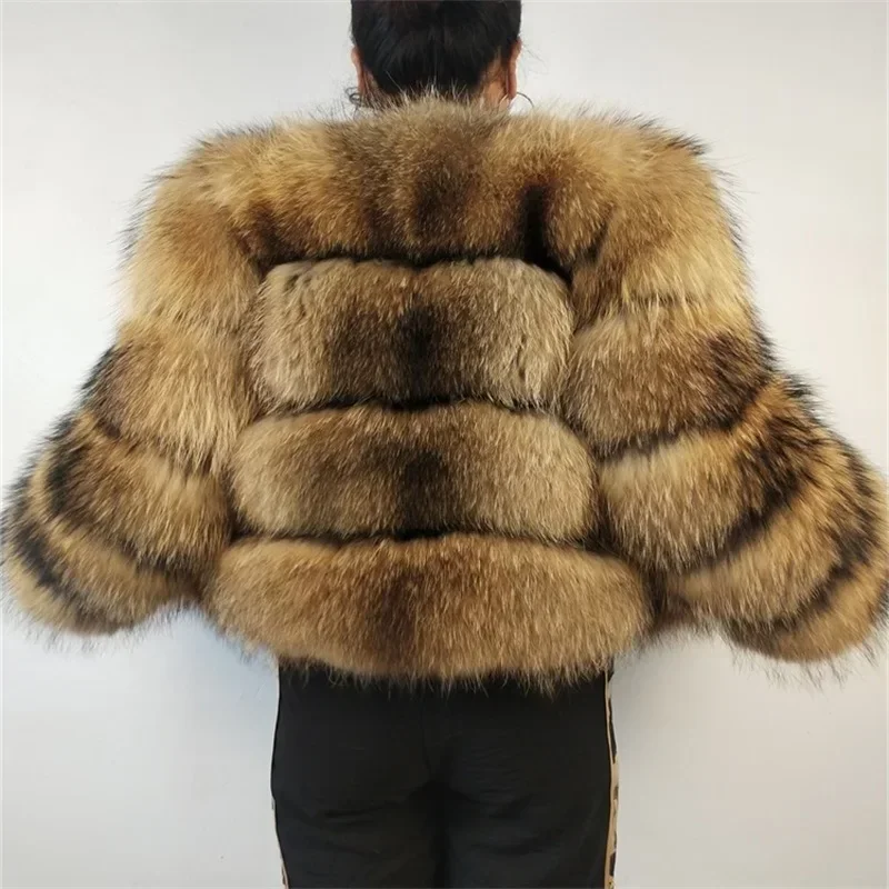 Real Raccoon Fur Coat Women Winter Long Sleeve Natural Luxury Jackets  Thick  Top